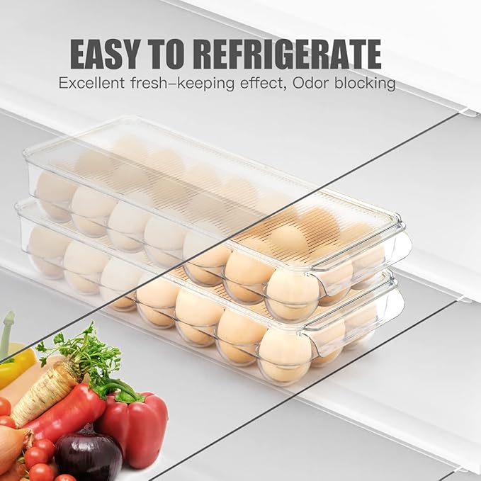 cutesun Egg Holder for Fridge, egg container for refrigerator, 2 Pack Egg Tray for Refrigerator with Lid, Plastic Container for Organizer Bins Holds 42 Eggs (2Packs, 42)