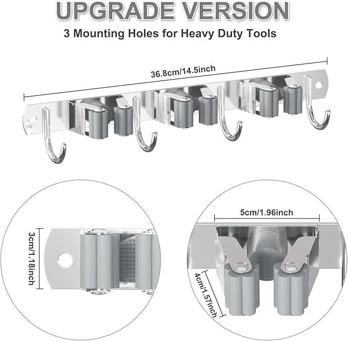 Broom Holder Wall Mount, Broom Organizer Wall Mount Stainless Steel Broom and Mop Hanger Heavy Duty Storage Organization for Home Kitchen Garden Garage Room 3 Racks 4 Hooks Grey