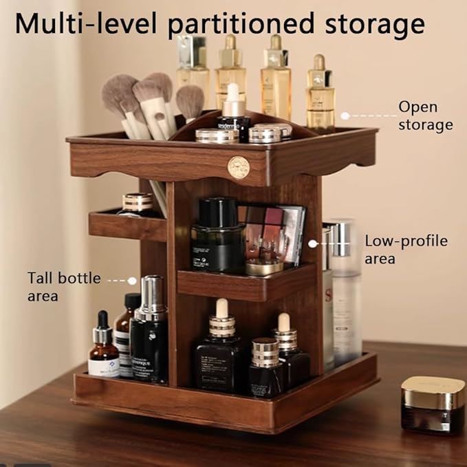 360° Rotating Makeup Organizer, Spining Adjustable Wooden Vanity Storage for Skincare, Perfume and Cosmetics for Countertop Organizer for Bathroom and Dresser