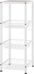 TRINITY 4-Tier Freestanding Metal Shelving Rack with Wire Baskets, Wood Top, and Adjustable Feet, 12"x12"x30", White + Gray-Wash Top