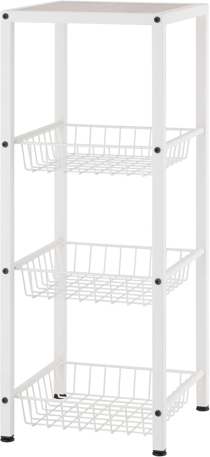 TRINITY 4-Tier Freestanding Metal Shelving Rack with Wire Baskets, Wood Top, and Adjustable Feet, 12"x12"x30", White + Gray-Wash Top