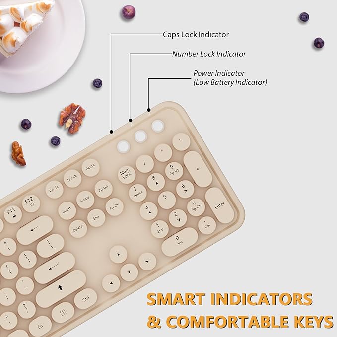 Kootop Wireless Keyboard and Mouse Combo, Cute Colorful 104 Keys Typewriter Retro Round Keycaps Keyboard for PC Laptop,Desktop,Windows, Home and Office Keyboards Coffee