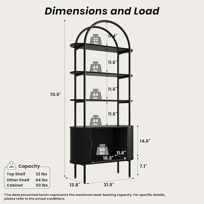 BREEZEHEAT 71" Tall Fluted Arched Bookshelf, Modern Bookshelf with Sliding Tambour Doors, 4-Tier Storage Shelf, and Metal Frame, Curved Cabinet for Living Room, Home Office, Bedroom, Black
