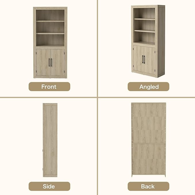 Standard Bookcase with Doors, Bookshelves Floor Standing 5 Tier Adjustable Shelves Organizer and Storage, Solid Bookshelf for Home Office, Living Room, Bed Room