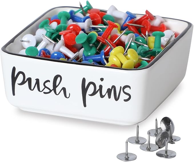ONTUBE Farmhouse Square Push Pins Holders,Ceramic Binder Clip Dispenser Organizer for Desk, Cute Office Paper Clip Holder, 3.3 Inch (White)