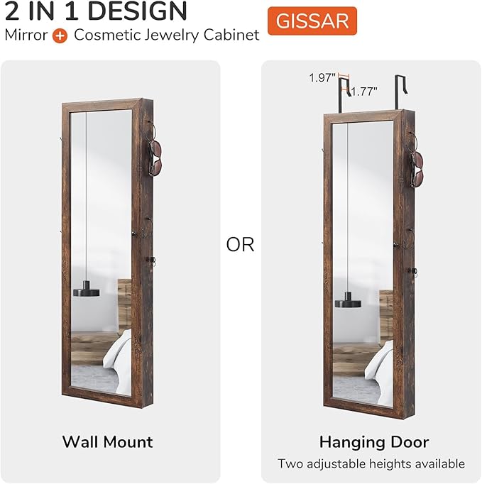 GISSAR Jewelry Mirror Armoire Wall Mount Over The Door Mirror Jewelry Cabinet Storage Mirror Organizer Lockable Full Length Door Mirror,Vintage Brown, GMJ2003V