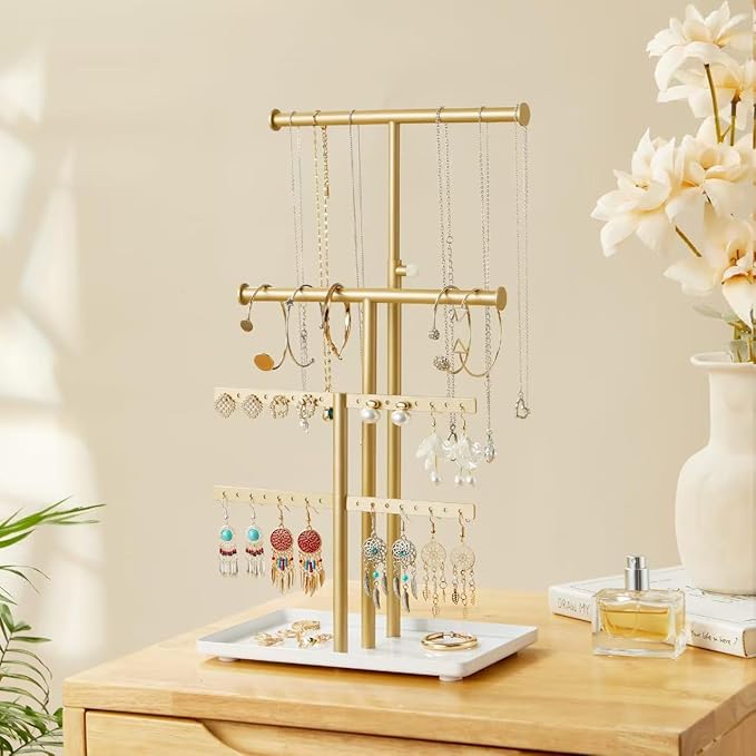 3 Tier Jewelry Holder Organizer, Necklace Display Stand, Height Adjustable Jewelry Tower for All Earrings, Bracelets, Watches, Rings