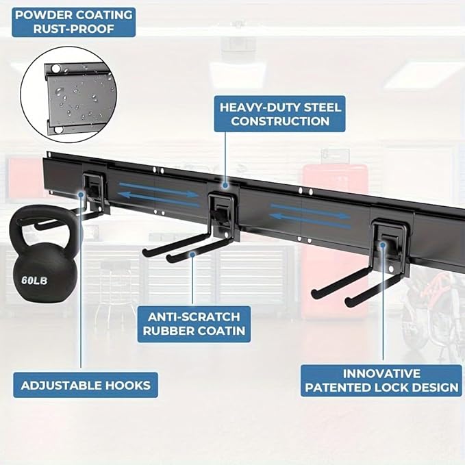 48" Industrial-Grade Wall-Mounted Garage Tool Organizer Heavy-Duty Steel Frame with Capacity Adjustable Swivel Hooks with Dual Shovel Holders for Yard Tools, Trimmers, Ladders& Garage Storage