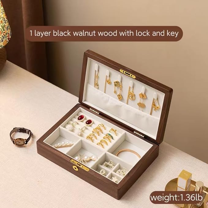 Bescott 2 Layers Solid Black Walnut Wooden Jewelry Box for Women with Lock and Key Wood Vintage Organizer for Men Earrings Rings Necklaces Bracelet Storage Mother's Day Gift