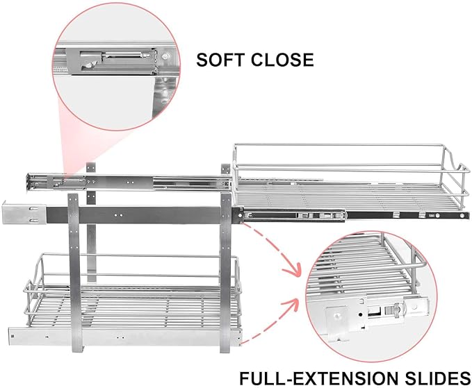 2 Tier Pull Out Cabinet Organizer,(20½"W x 22" D) Soft Close Slide Out Drawer For Kitchen Base Cabinet, Individual Pull Out Shelf, Roll Out Pantry Organization, 22 Inch Deep