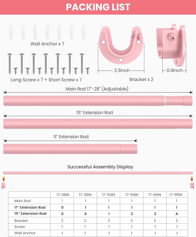 Closet Rods for Hanging Clothes, 17 to 69 Inches Stepless Adjustable Metal Closet Rod, 1.3 Inches Heavy Duty Clothes Hanging Rod for Closet Wardrobes Laundry RV, Pink
