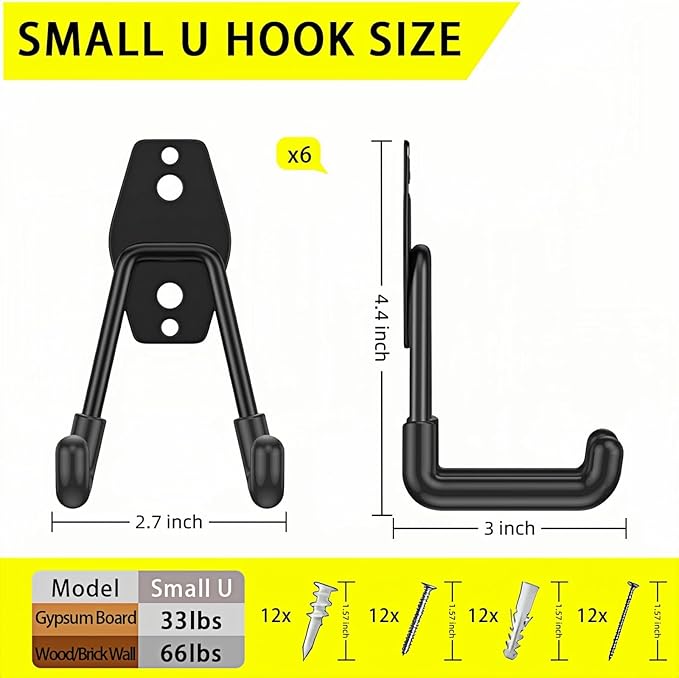 6 Pack Garage Hooks Heavy Duty with Anti-Slip Coating, Steel Utility Ladder Hooks for Hanging Garden Tools, Hoses, Ropes, Bikes and More (3in)