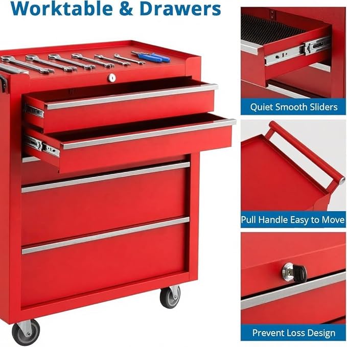 IDEALHOUSE Rolling Tool Chest, 5 Drawers Tool Storage Cabinet, Toolbox with Wheels, Portable Tool Cabinet Organizer with Locking System & Drawer Liners, Tool Storage Cart for Garage, Workshop, Red