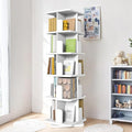 MHOM White Rotating Bookshelf, 360 Display 5 Tier Rotating Bookshelf Tower, Floor Standing Revolving Bookcase, Wooden Small Bookcase for Small Spaces, and Living Room