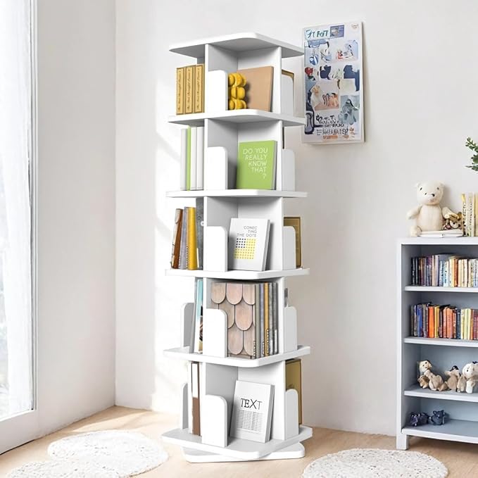 MHOM White Rotating Bookshelf, 360 Display 5 Tier Rotating Bookshelf Tower, Floor Standing Revolving Bookcase, Wooden Small Bookcase for Small Spaces, and Living Room