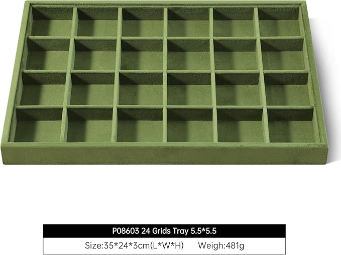 Velvet Stackable Jewelry Display Tray, 24 Grid Earring Ring Storage Tray, Drawer Divider Jewelry Accessories Organizer Plate (Olive Green)