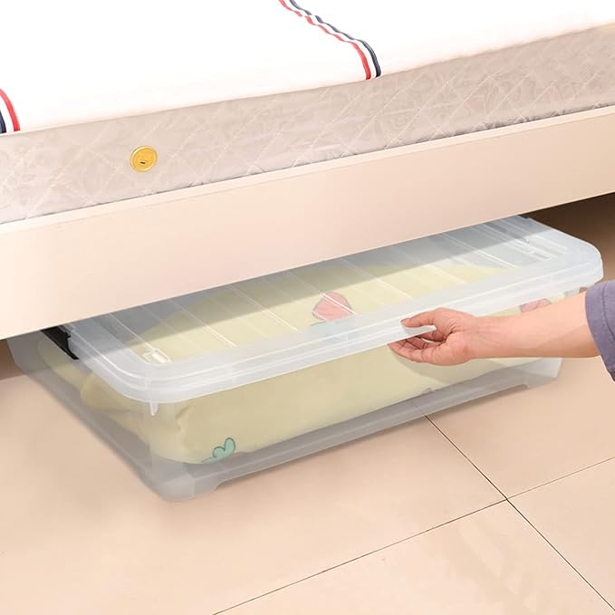 Xyskin 4 Packs 40 Quart Plastic Large Under Bed Storage Box, Clear Storage Bin with Wheels