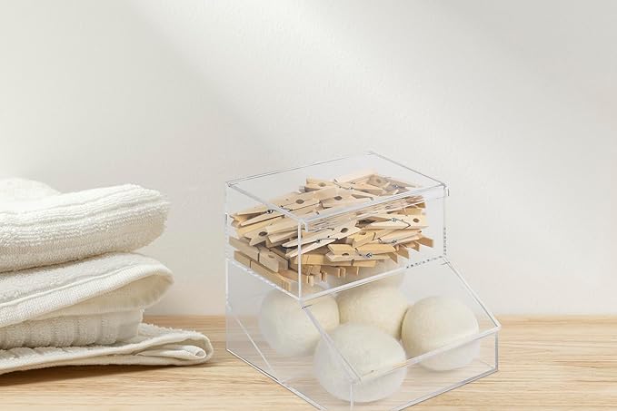 Laundry Pod Holder & Dryer Sheet Dispenser - 2 Compartment Acrylic Container w/Lids for Storing Clothes Pins, Dishwasher Pods for Laundry Room Organization