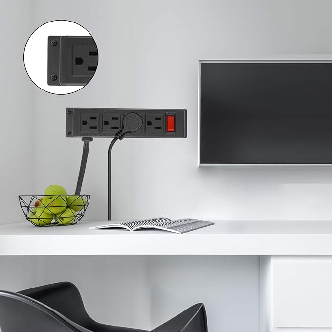 Wall Mount Power Outlet Strip, 4 Outlet Mountable Power Strip with Switch, Under Desk Power Strip Connect with 10ft Cord Mount Under Desk, Workbench, Nightstand, Dresser, Table.(Black)