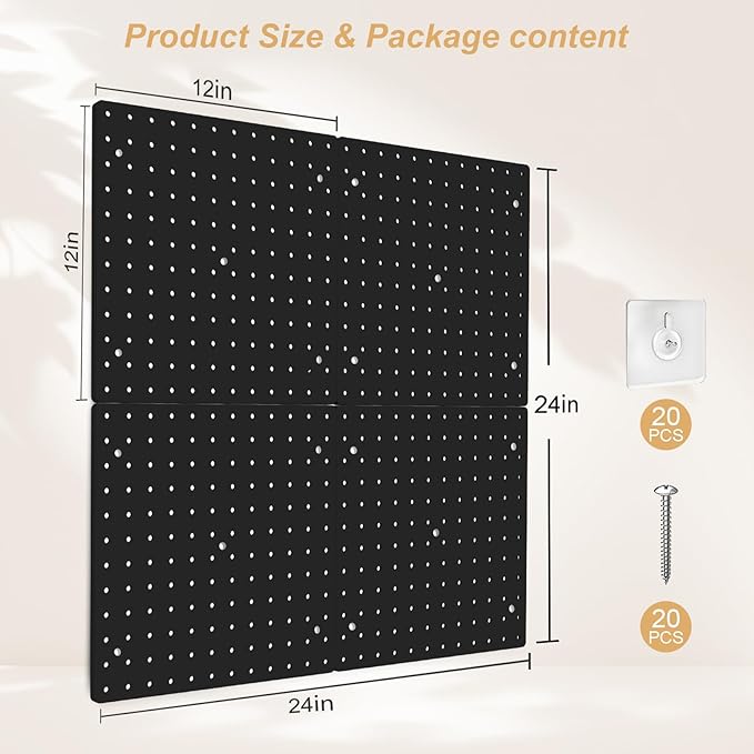 FZK PegBoard,4 Pack Peg Board,ABS Black Pegboard, 24x24inch,Pegboard Wall Organizer, Peg Board for Walls,Plastic pegboard,Suitable for Office Craft Room Kitchen and Item Display