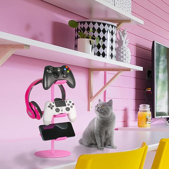 Controller Holder Pink,Headphone Stand,3 Tier Multi Adjustable Game Controller Headset Hanger for All Universal Gaming PC Accessories, Xbox PS4 PS5 Nintendo Switch(Cute Pink)