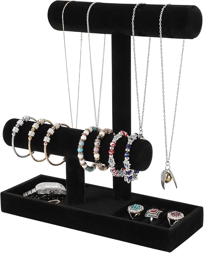 ByKen Necklace Holder,Bracelet Holder,Jewelry Organizer Stand with Earrings Rings Tray,Jewelry Holder for Scrunchie Watches (Black Velvet)