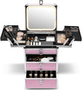 Qislee Makeup Box with Double Drawers and Four Trays, A Detachable Lighted Mirror, Waterproof Travel Train Case, Cosmetic Organizer and Makeup Suitcase with Magnetic LED Mirror(ICY Pink)