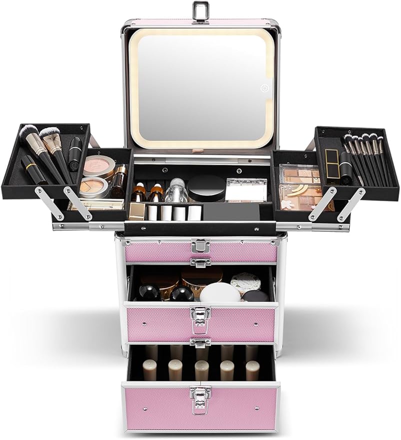 Qislee Makeup Box with Double Drawers and Four Trays, A Detachable Lighted Mirror, Waterproof Travel Train Case, Cosmetic Organizer and Makeup Suitcase with Magnetic LED Mirror(ICY Pink)