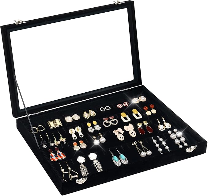 Jenseits Earring Organizer Tray, Earring Box with Clear Lid 80 Slots Velvet Drawer,Earring Tray with Lock, Jewelry Display Case for Women Girls, Black
