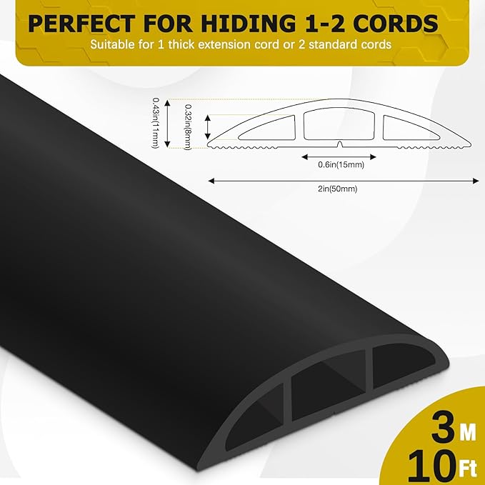 Floor Cord Cover 10FT Cord Covers for Wires on Floor Protect Wires & Prevent Trip Hazards, Easy to Cut for Home, Office, School, Concerts, Cavity W0.6in x H0.32in