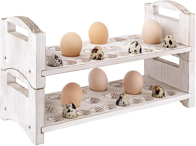 Wooden Egg Holder 3 Layer Fresh Egg Rack Holders Countertop Stackable Quail Egg Sorter Storage Trays Organizer Display Stand Kitchen Rack, Fits Duck, Turkey, Chicken Eggs,up to 36 Eggs, 3 Tier-White