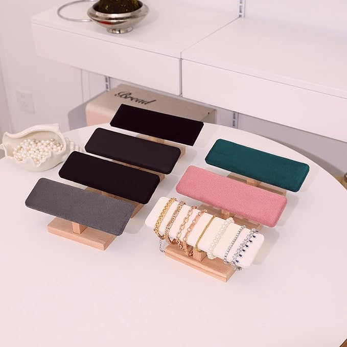 Wooden Watches Display Tower Base Watch Neck Bracelet Organizer Rack Bangle Scrunchie Headband Showcase Tower Dark Green Suede