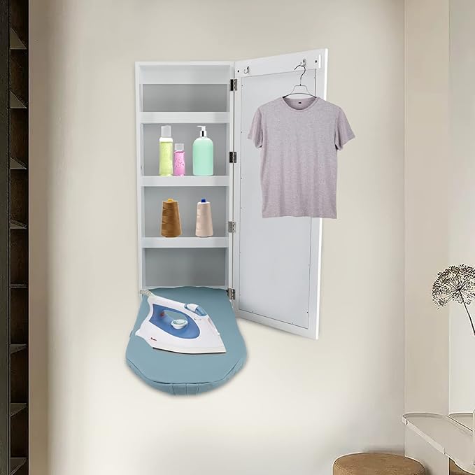 Wall Mounted Ironing Board Cabinet,Foldable Hanging Ironing Board with Mirror,Compact Mount Fold Down Iron Board for Small Spaces White