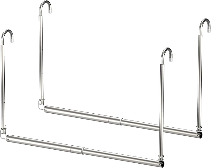 Hanging Closet Rod, 2 Pack Adjustable Height & Width Closet Rods for Hanging Clothes-Closet Extender Hanging Rod Space-Maximizing Design Suitable for Hanging and Drying Clothes, Silver
