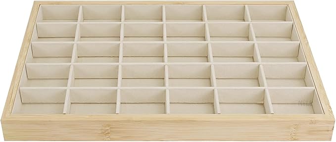 MOOCA 2 Pcs Set Bamboo Jewelry Display Tray Organizer with 30 Compartments for Rings, Earrings, Jewelry, Accessories, and Collectibles items, Oak Color,14" W x 9.6" D x 1.2" H