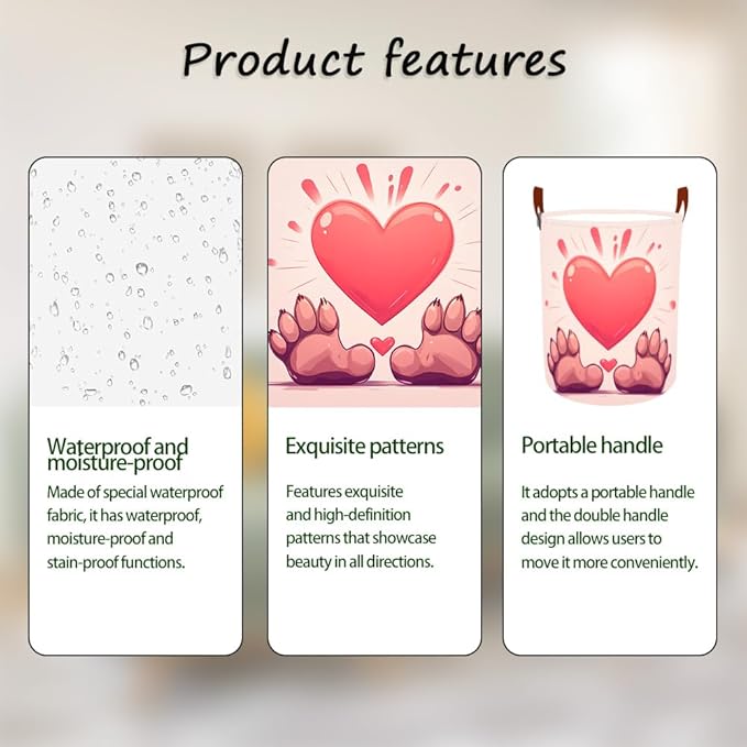 Laundry Baskets 15.7x19.7 Inch Large Paw Print Heart Design Collapsible Laundry Hamper with Handles Oxford Fabric Clothes Storage Bin Foldable Dirty Clothes Organizer for Bedroom Bathroom Dorm