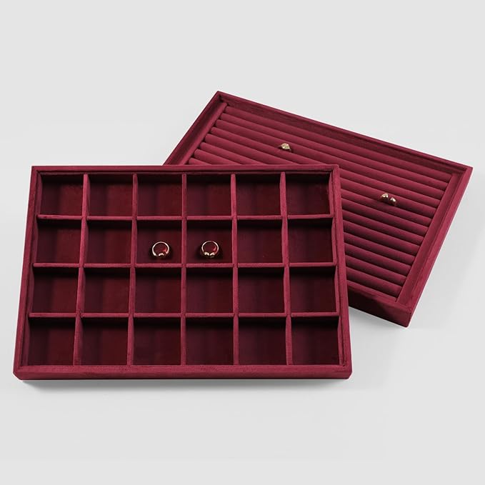 Velvet Stackable Jewelry Display Tray, 24 Grid Earring Ring Storage Tray, Drawer Divider Jewelry Accessories Organizer Plate (Red)