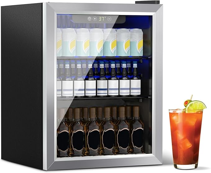 Beverage Refrigerator Cooler, 70 Can Mini Fridge Glass Door for Drinks Soda, Beer, or Wine - Small Refrigerator for Office Bedroom Home Bar, Adjustable Shelves, 1.7 Cu.Ft, Silver