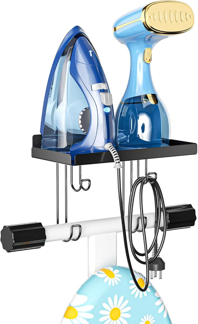 Ironing Board Holder Wall Mounted, Black Iron Holder for Laundry Room, Metal Iron Board Wall Hanger with Storage Shelf, Ironing Board Hooks for Laundry Room Livingroom Bathroom (Y or T Leg)