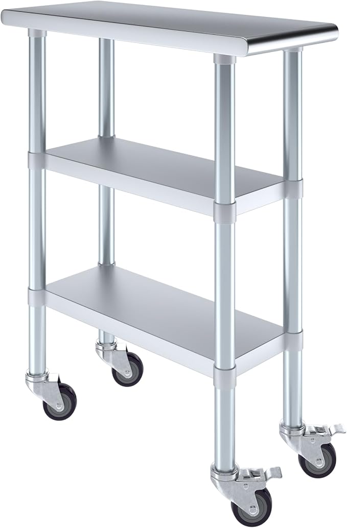 AmGood Stainless Steel Work Table with 2 Shelves and Casters | Metal Utility Table On Wheels (Stainless Steel Work Table with 2 Shelves + Casters, 12" Long x 30" Deep)