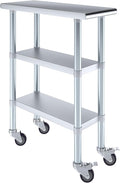 AmGood Stainless Steel Work Table with 2 Shelves and Casters | Metal Utility Table On Wheels (Stainless Steel Work Table with 2 Shelves + Casters, 12" Long x 30" Deep)