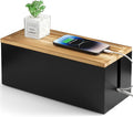 Large Wood Cable Management Box - Cable Organizer Box - 2 Open Slots Cords Hider Box - Under Desk Cord Organizer for Power Strip Extension Cord Surge Protector Charger Wire, Black