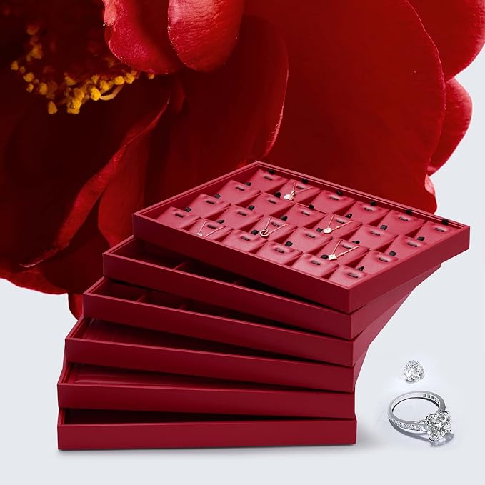 Oirlv Gorgeous Red Leather Jewelry Tray Flat Jewelry Display Tray Stackable Jewelry Organizer Plate