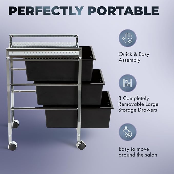 Pibbs D23 Metal Salon Roller Cart, 3 XL Removable Drawers, Heavy-Duty Utility Pedicure Cart on Wheels, European Style Design, Hot Tool Safe Work Surface