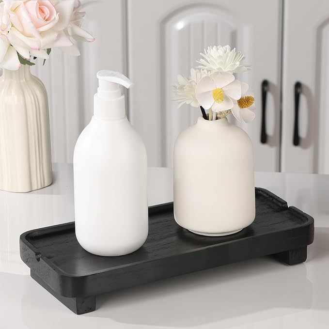 Wood Riser Small Decorative Tray Sink Soap Dish, Vanity Tray Pedestal Stand 10 x 4.5 inches (Black)