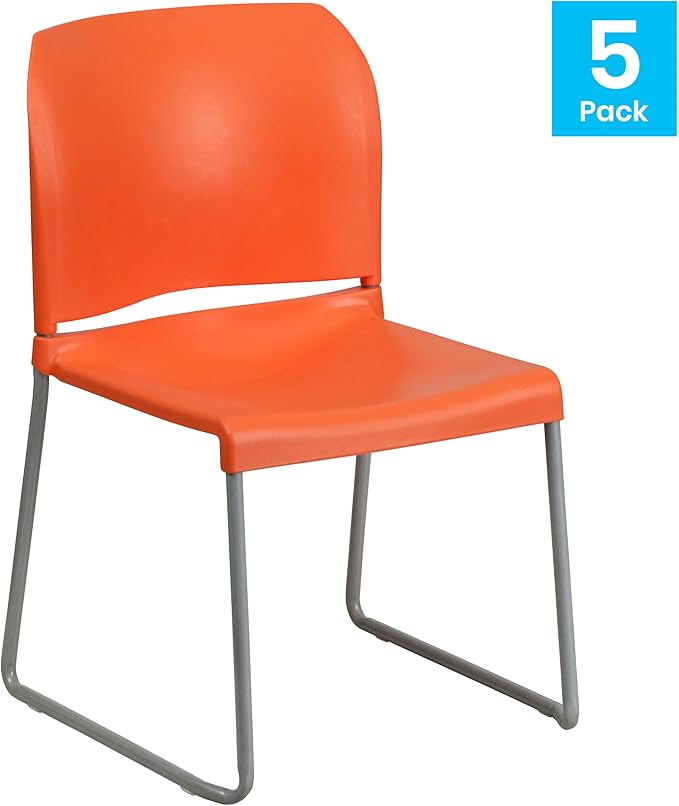 Flash Furniture Hercules Series Contoured Stacking Chairs for Waiting Rooms and Offices, Ergonomic Lobby Chairs with Curved Back, Set of 5, Orange