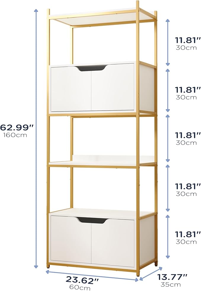 Industrial Bookshelf, Bookcase with 2 Cabinets, 6-Tier Display Book Shelf with Doors for Living Room, Home Office, Bedroom, Washroom, White and Gold