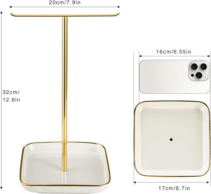 Jewelry Holder Stand with Ceramic Base: 12" Tall Necklace Organizer Rack, Tree Design Display Storage for Necklaces, Bracelets, Rings, Earrings, Aesthetic Room Décor for Girls and Women, Gold