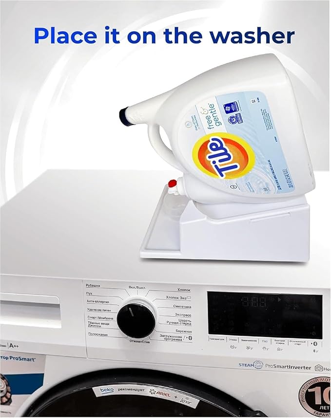 TidyFriend Liquid Laundry Detergent Holder Stand with Drip Tray & Rubber-Grip Feet, Stand for Laundry Room Organization and Storage, Fabric Softener Dispenser with Cup Holder for Easy Pouring (White)