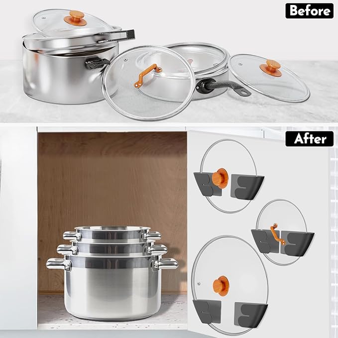 Universal Adjustable Pot Lid Organizer for Cabinet - Upgraded Patented Set of 4 Pan Lids Organizers Inside Cabinet Door Wall Mount Pots Top Holder for Kitchen Cupboard, Fits 6" to 14" (Black)